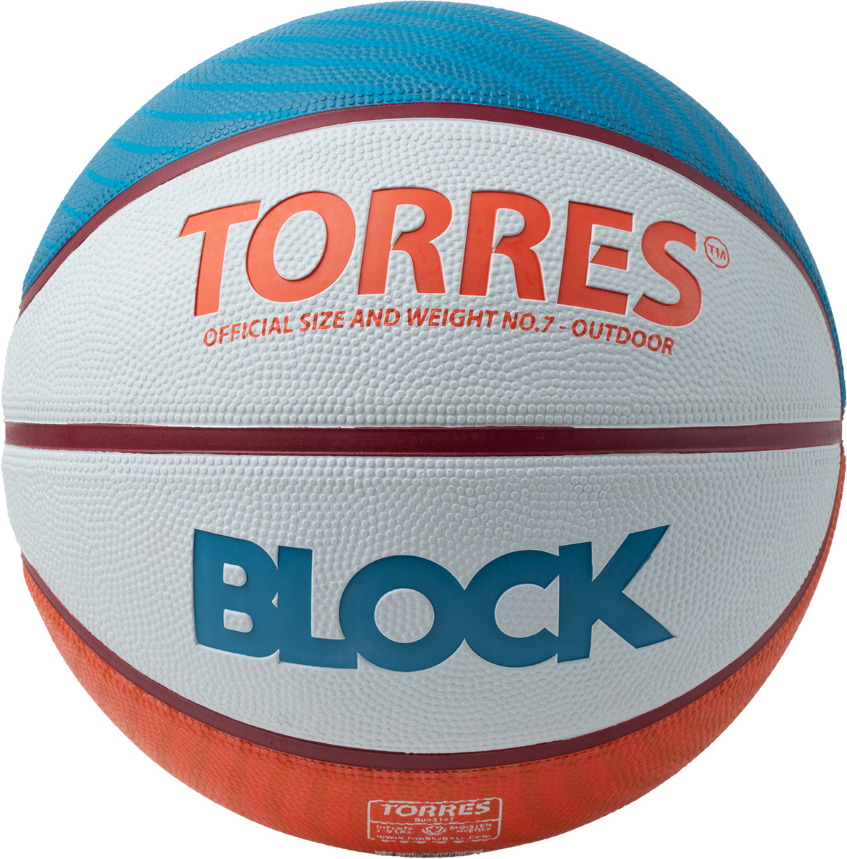 Мяч баск. TORRES Block, B023167, р.7, резина, нейлон. корд, бут. камера, светл-серо-сине-оранжевый