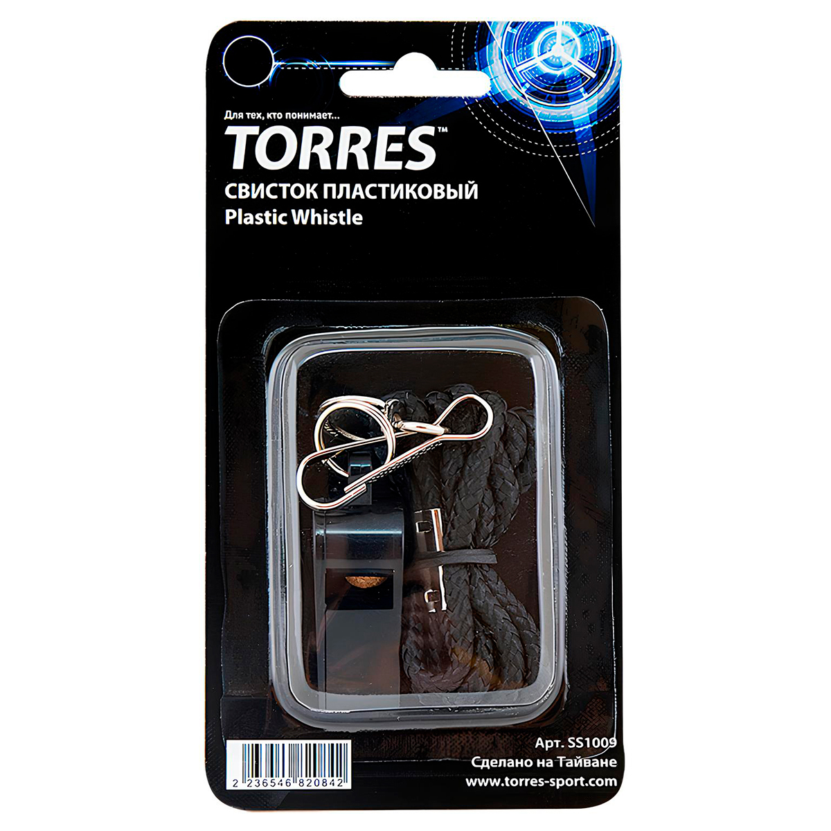 Свисток пласт. с шариком TORRES, SS1009, шнурок с карабином в комплекте, черный
