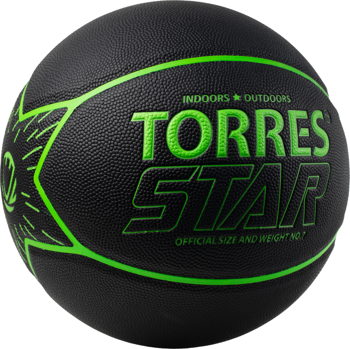 Мяч баск. TORRES Star, B323127, р.7, 7 панел.,ПУ-композит, нейлон. корд, бут.кам., черно-зеленый