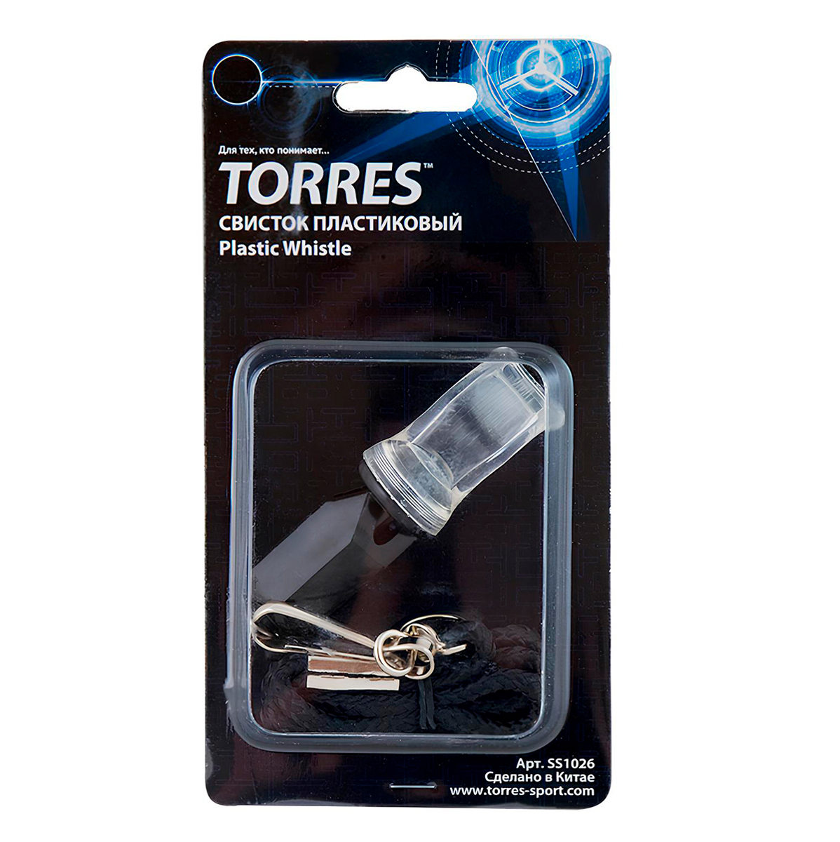 Свисток пласт. без шарика TORRES, SS1026, шнурок с карабином в комплекте, черный