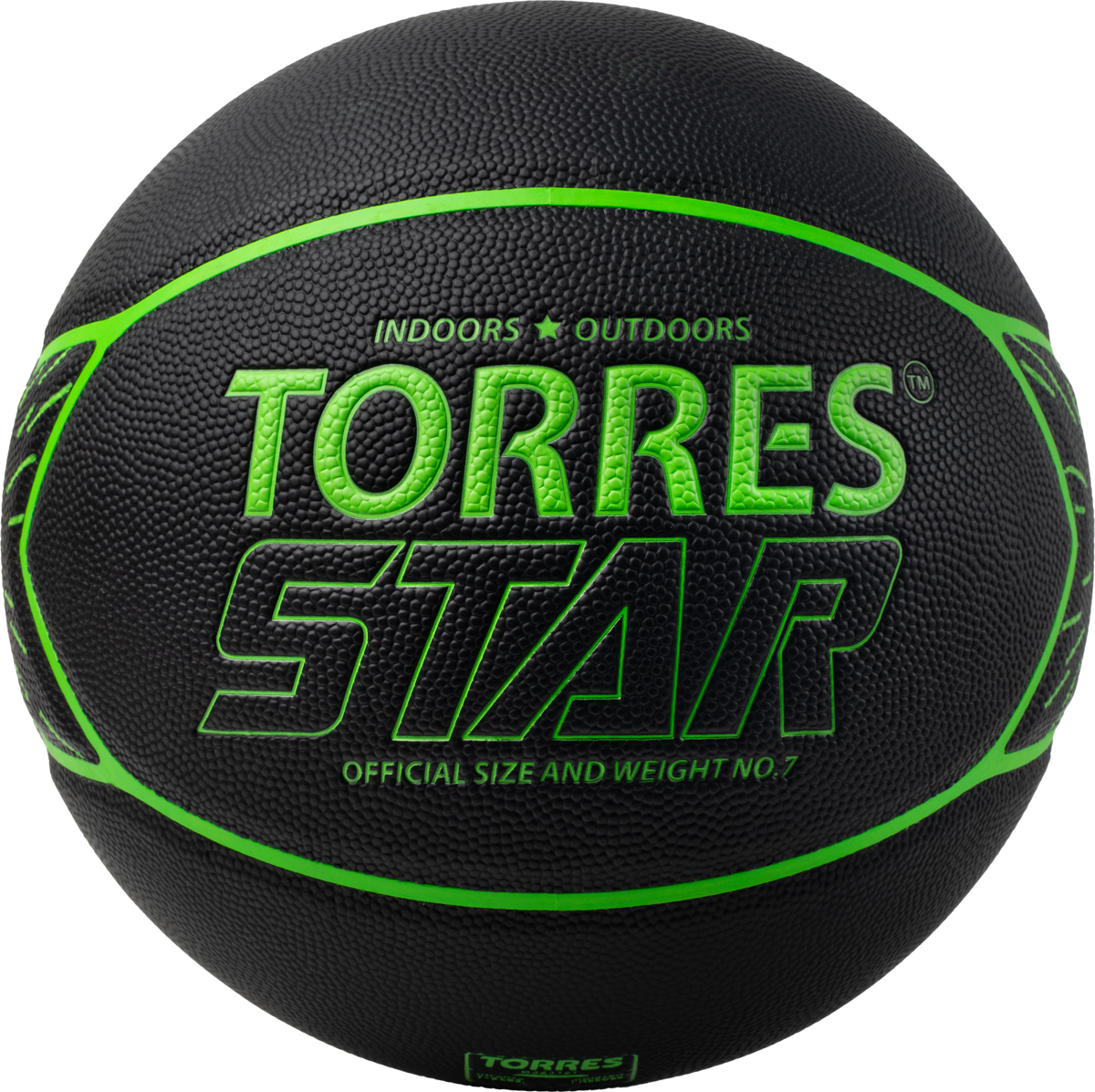 Мяч баск. TORRES Star, B323127, р.7, 7 панел.,ПУ-композит, нейлон. корд, бут.кам., черно-зеленый