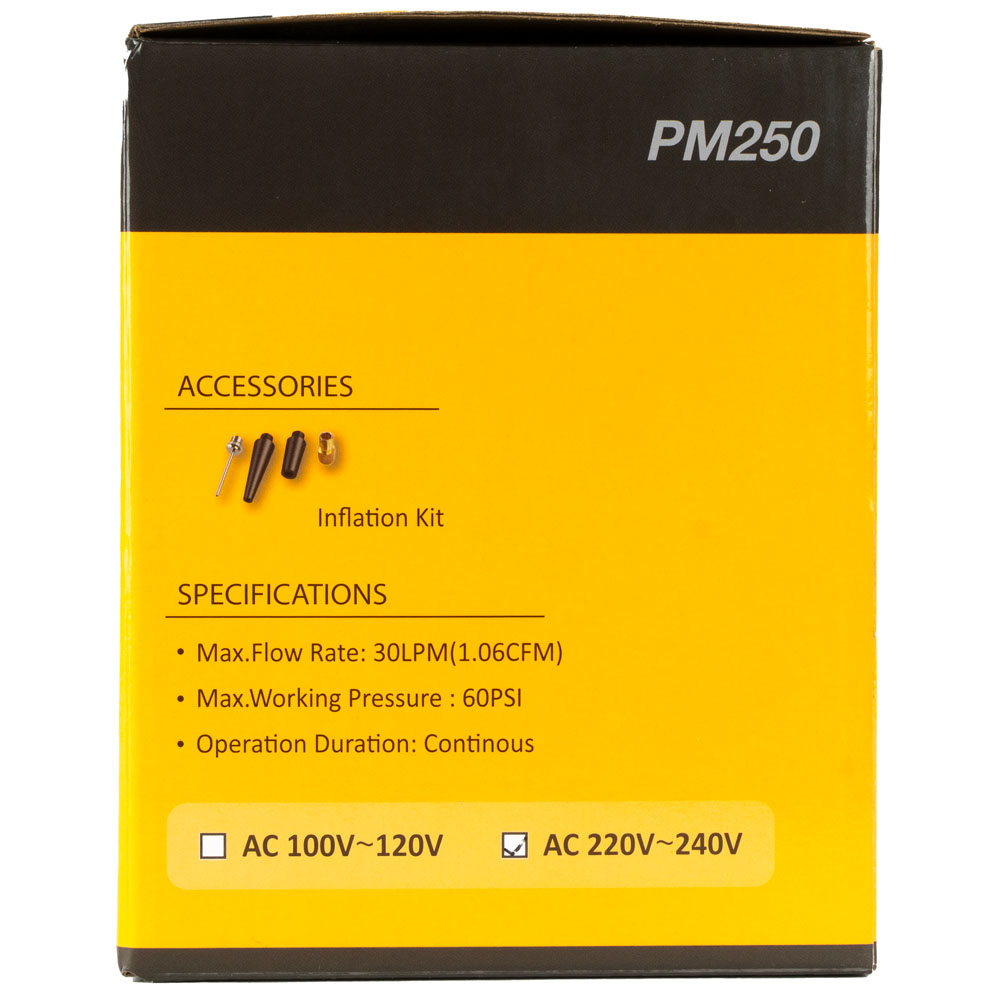 Компрессор электр. VOLCANO, PM250, 46,5 л/мин, 18х14х16 см, манометр, 3 иглы, 95Вт, сер