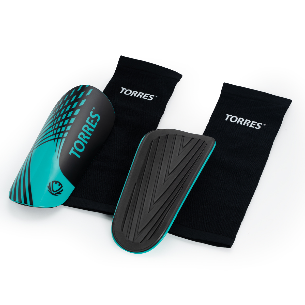 Щитки футбольные TORRES Pro, FS2308M, р. M, без голеностопа, без заст., эласт.чулок, черно-бирюзоый