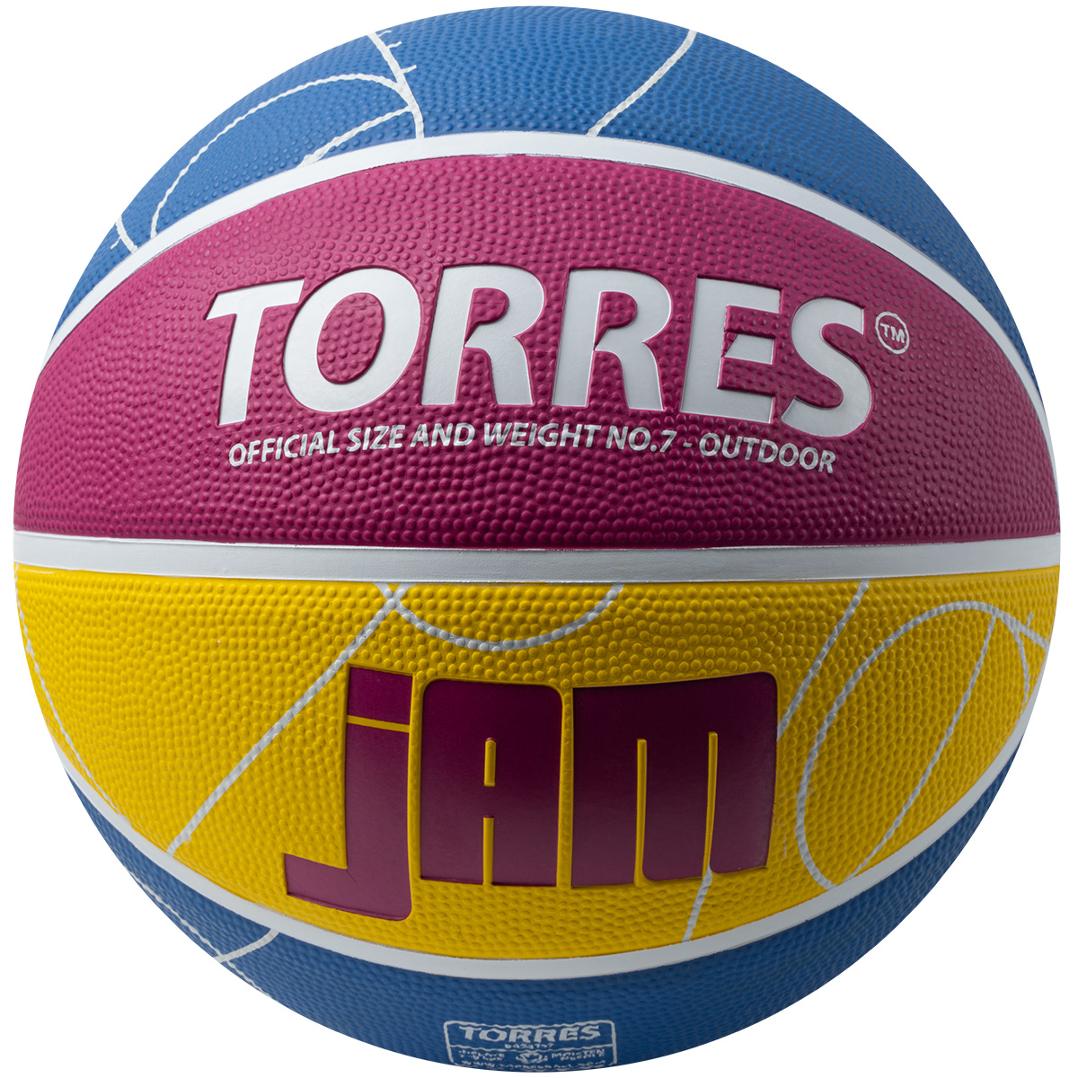 СЦ*Мяч баск. TORRES Jam, B023127, р.7, резина, нейлон. корд, бут. кам., син-желто-малиновый