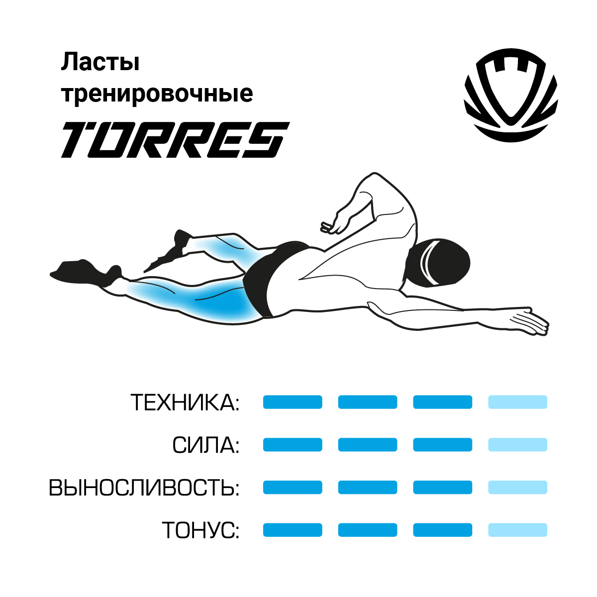 Ласты для бассейна TORRES F01, SWF012407BL, р. EU 45-47 (XXL), сине-серые
