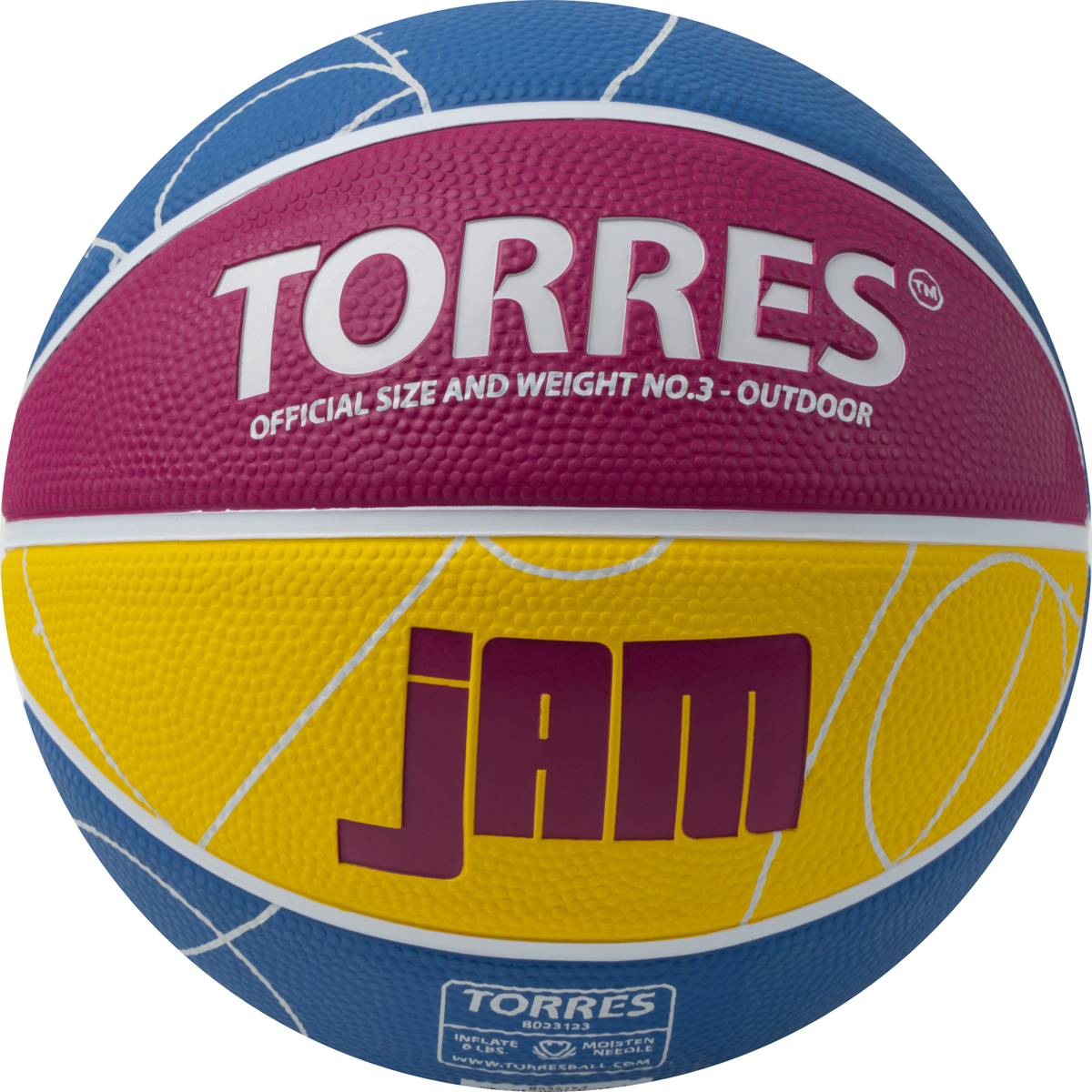 СЦ*Мяч баск. TORRES Jam, B023123, р.3, резина, нейлон. корд, бут. кам., син-желто-малиновый