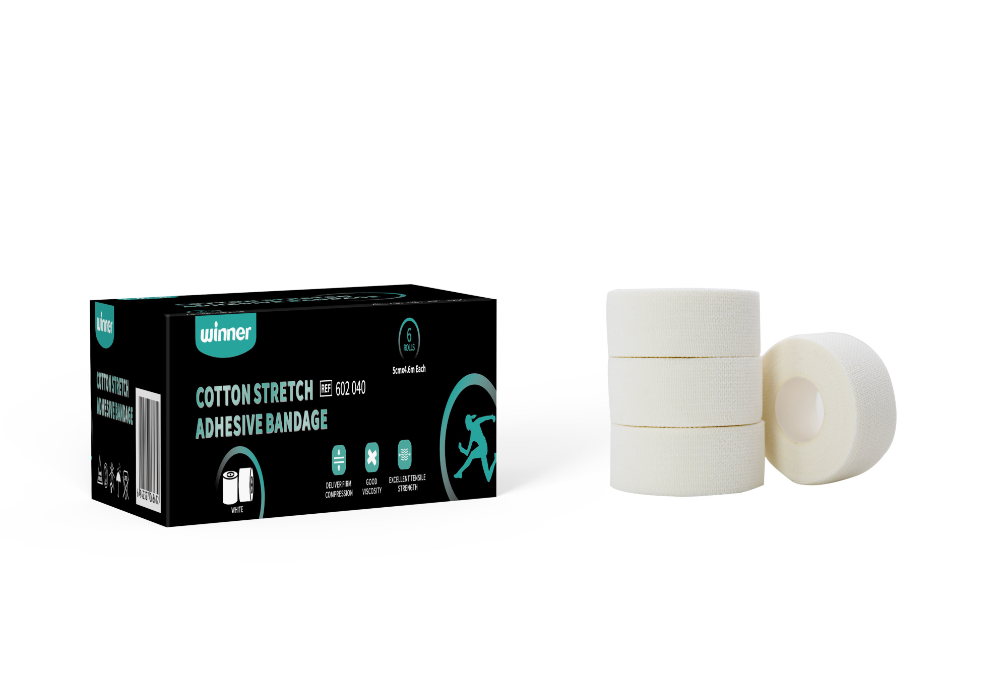 Тейп спортивный Winner, Cotton Stretch Adhesive bandage, 602040  5см*4.6м, белый, 6 шт./упаковке
