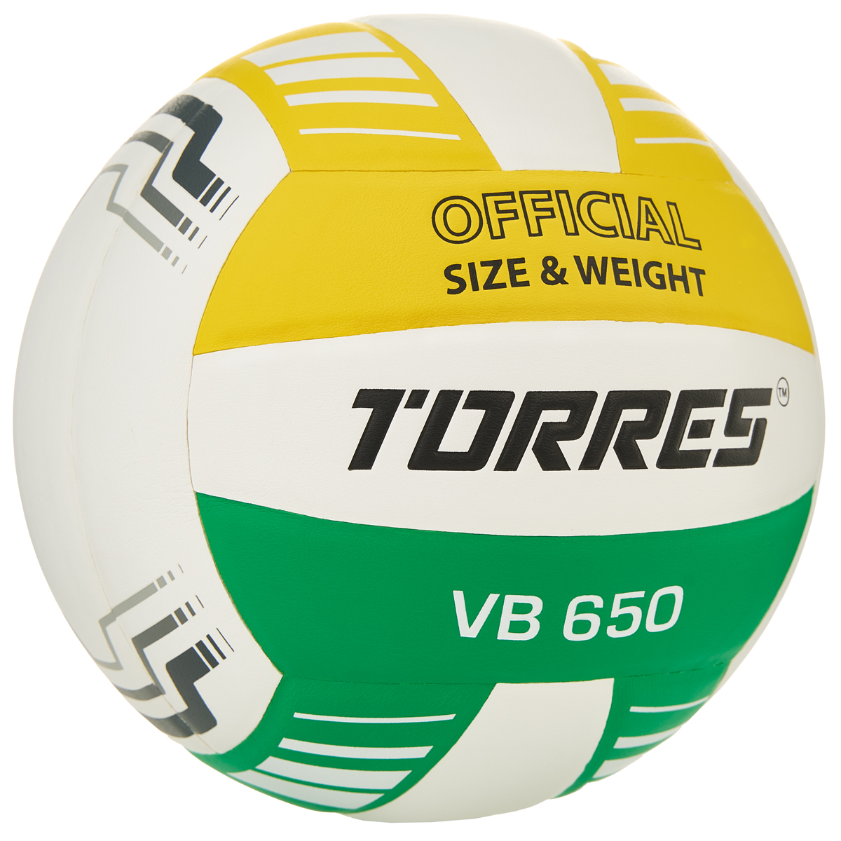 Мяч вол. TORRES VB 650, V32425, р.5, синт.кожа полиуретан, клееный, бут.кам, бел-зелено-желт