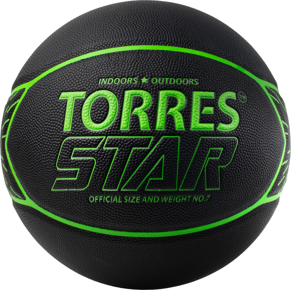 Мяч баск. TORRES Star, B323127, р.7, 7 панел.,ПУ-композит, нейлон. корд, бут.кам., черно-зеленый