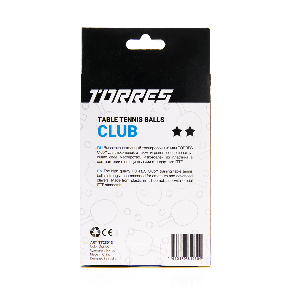 Мяч для наст. тенниса TORRES Club 2*, TT23013, диам. 40+ мм, упак. 6 шт, оранжевый